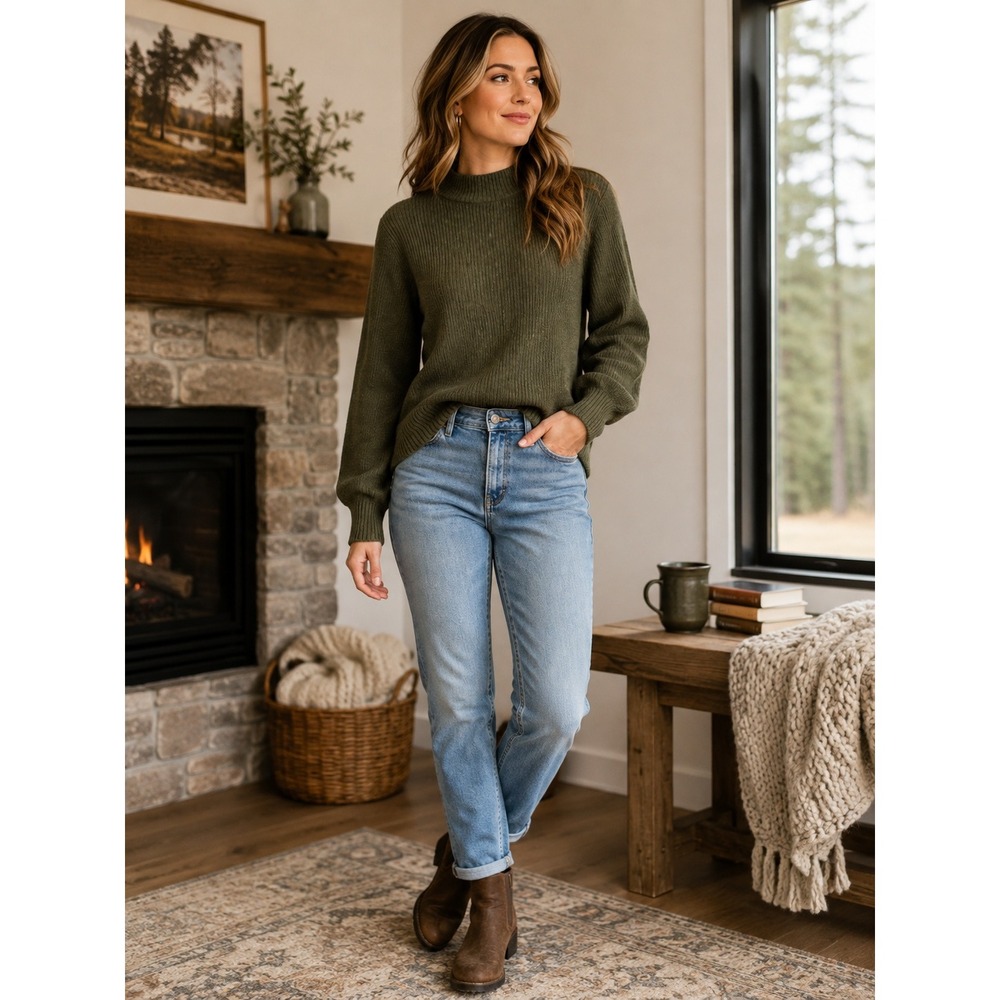 Patagonia Women's Olive Green Ribbed Mock Neck Sweater Recycled Cotton Large